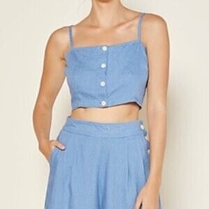 Outerknown Women Blue 100% Linen Button Front Crop Top Adjustable Straps Small